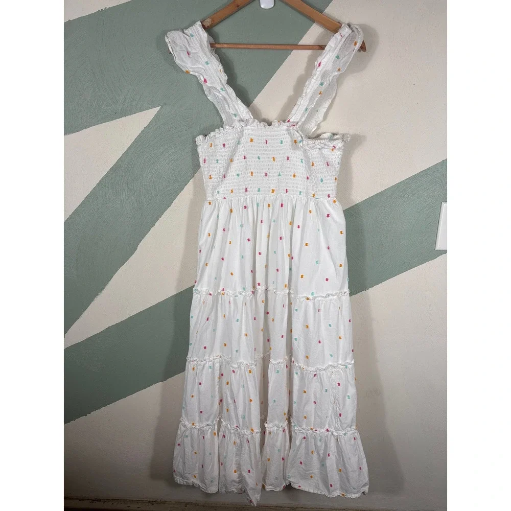 Crown & Ivy Women Size Small White Clip Dot Smocked Tiered Sleeveless Midi Dress